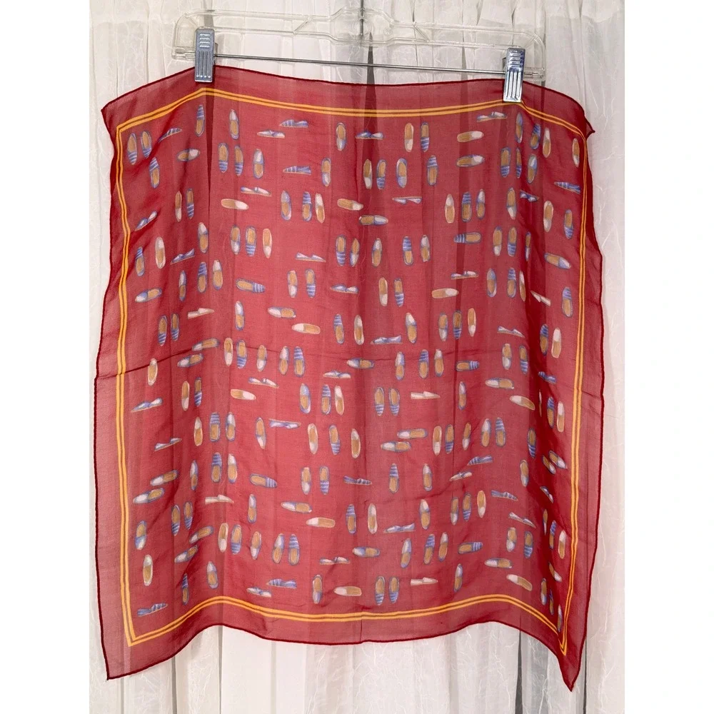 Echo Red 100% Silk Square Scarf Whimsical Shoe Print Loafer Pattern Chiffon